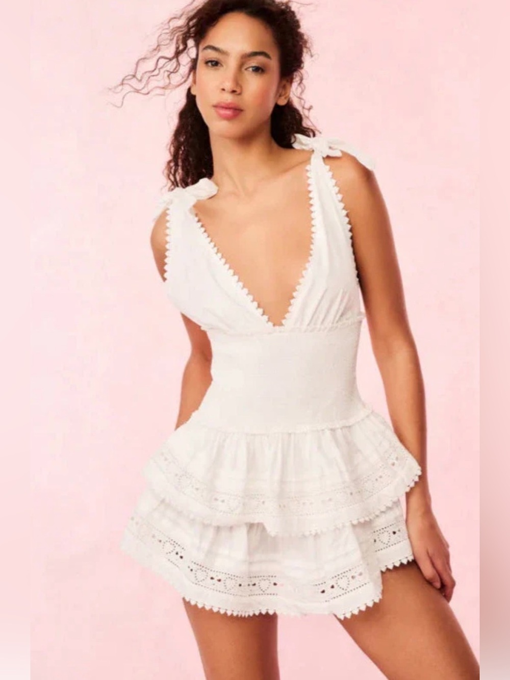 LoveShackFancy Soira White Tiered Eyelet Sundress with Tie Shoulder medium